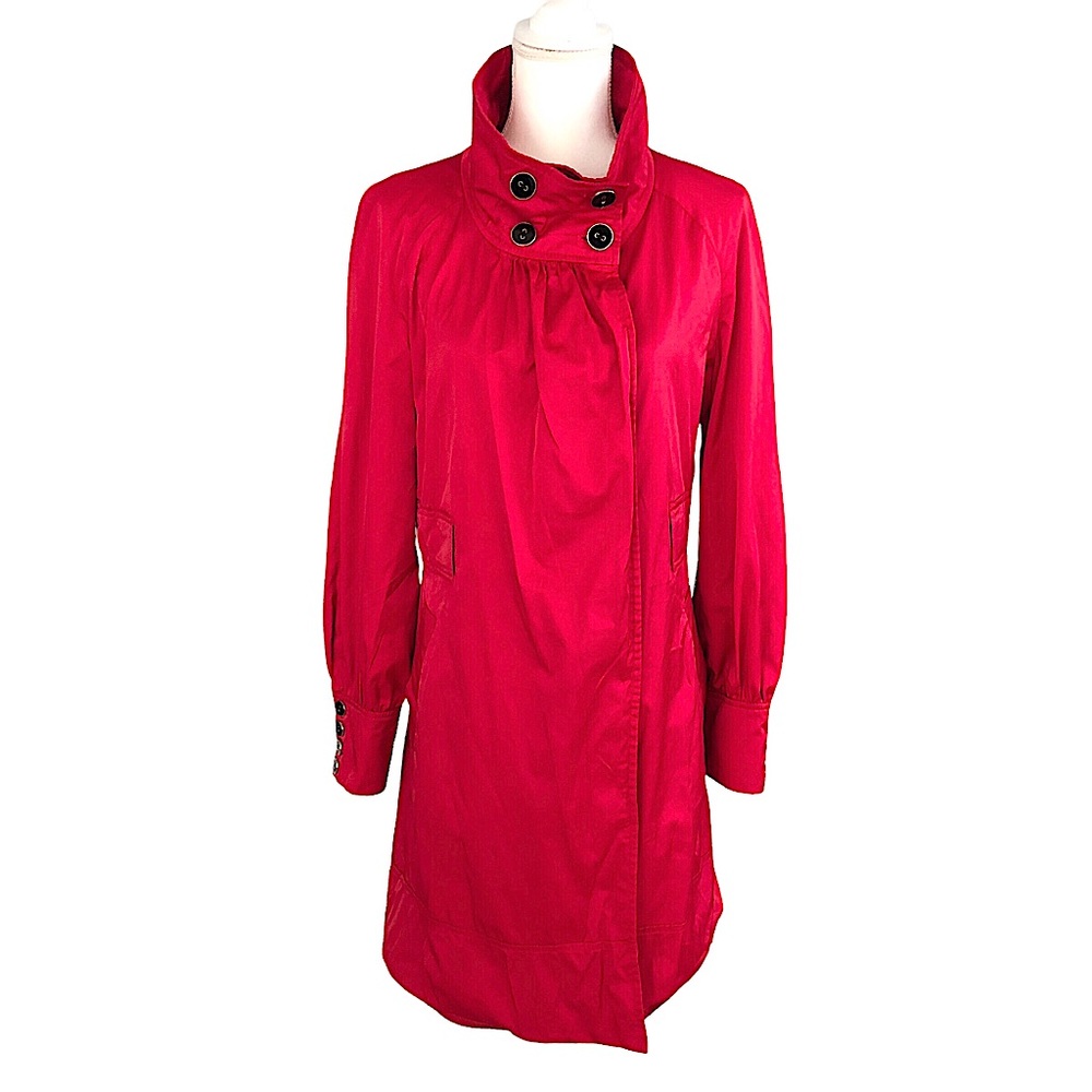 Red Mock Neck Trench Coat With Black and Silver Buttons MNG Suit Size S
